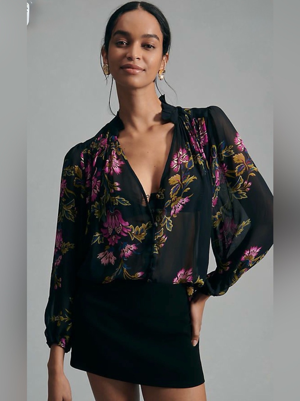 Anthropologie Sheer Black Floral Dolman Blouse - Sz XXS